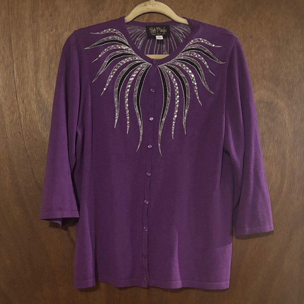 Bob Mackie Purple Button Down Sweater with Silver Accents